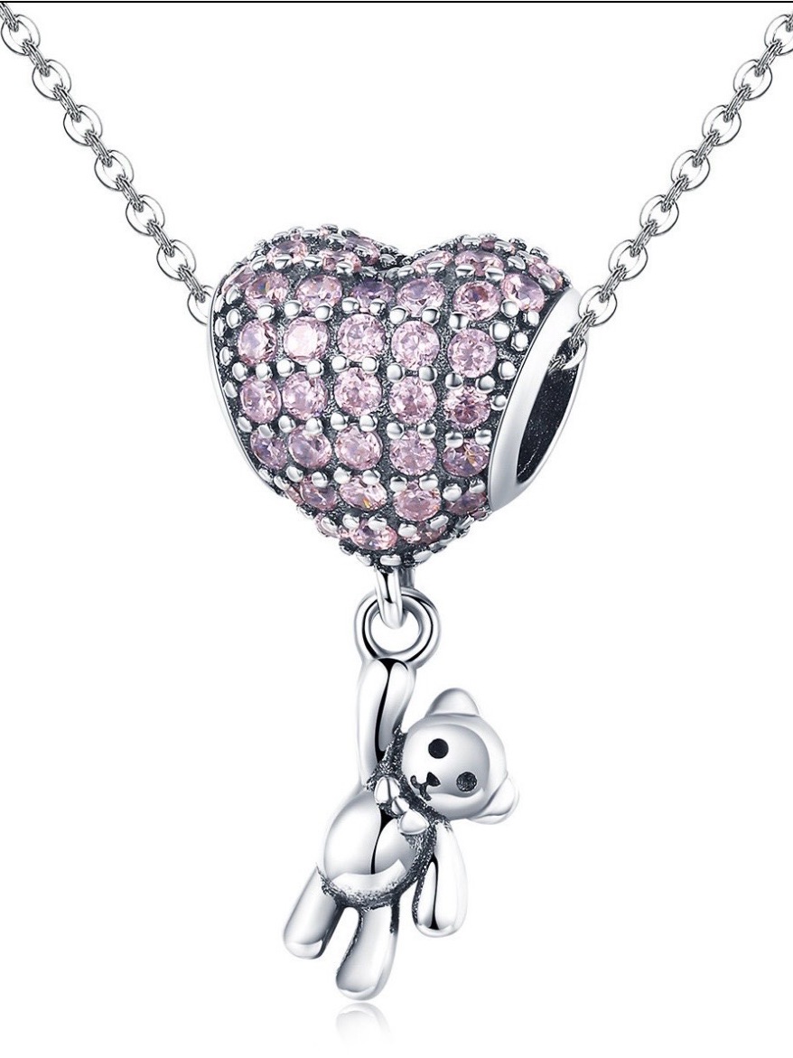 Silver Teddy Bear Charm Bracelet With Pink Crystal Heart
